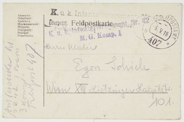 Postkarte (Feldpost) von Anton Peschka an Egon Schiele Bild 2