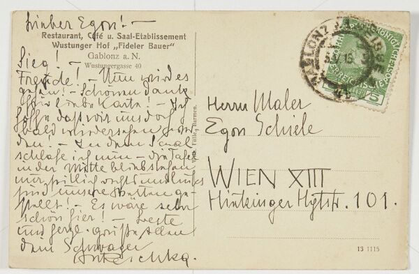 Postkarte von Anton Peschka an Egon Schiele Bild 2