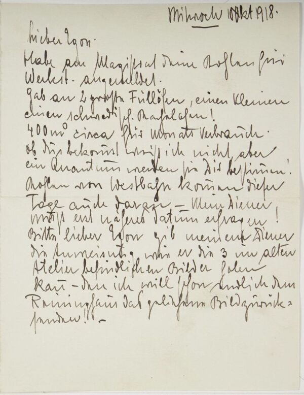 Brief von Anton Peschka an Egon Schiele 