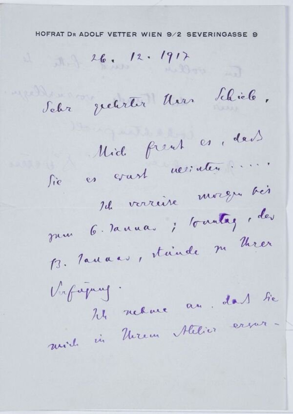 Brief von Adolf Vetter an Egon Schiele 