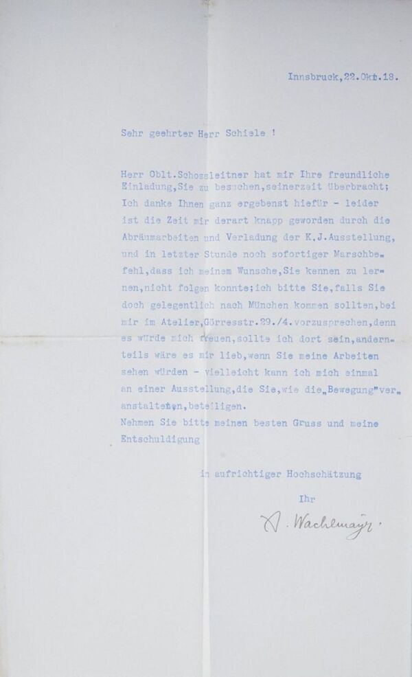 Brief von Alois Ludwig Wachlmayr (Aloys Wach) an Egon Schiele 