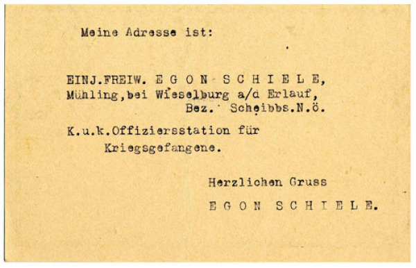 Maschinenschriftliche Postkarte von Egon Schiele an Guido Arnot 