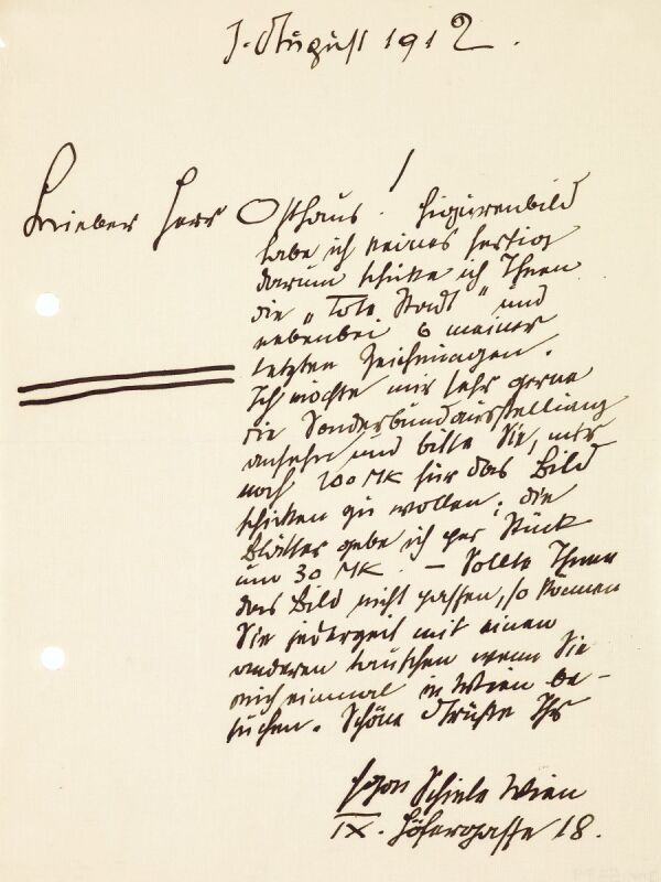 Brief von Egon Schiele an Karl Ernst Osthaus/Folkwang Museum 