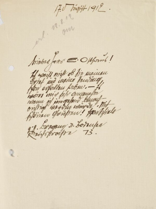 Brief von Egon Schiele an Karl Ernst Osthaus/Folkwang Museum 