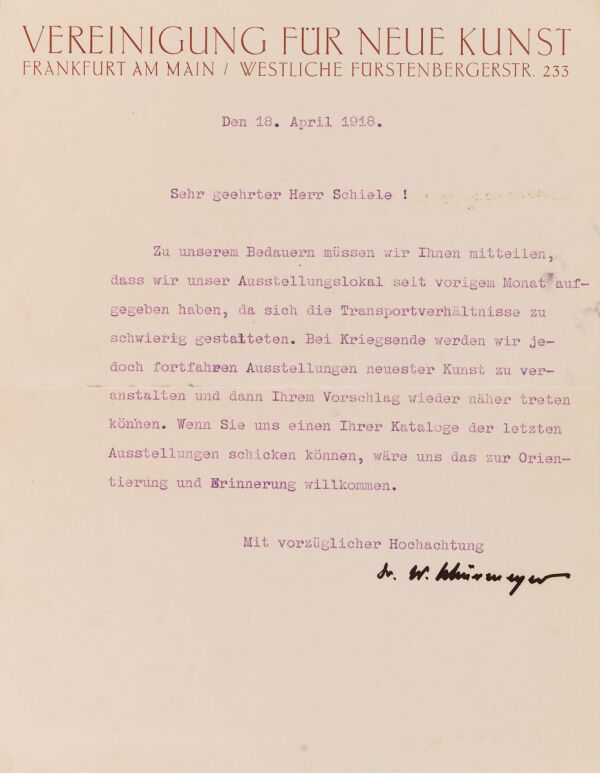 Maschinenschriftlicher Brief von Walter Schürmeyer/Vereinigung für Neue Kunst Frankfurt an Egon Schiele 