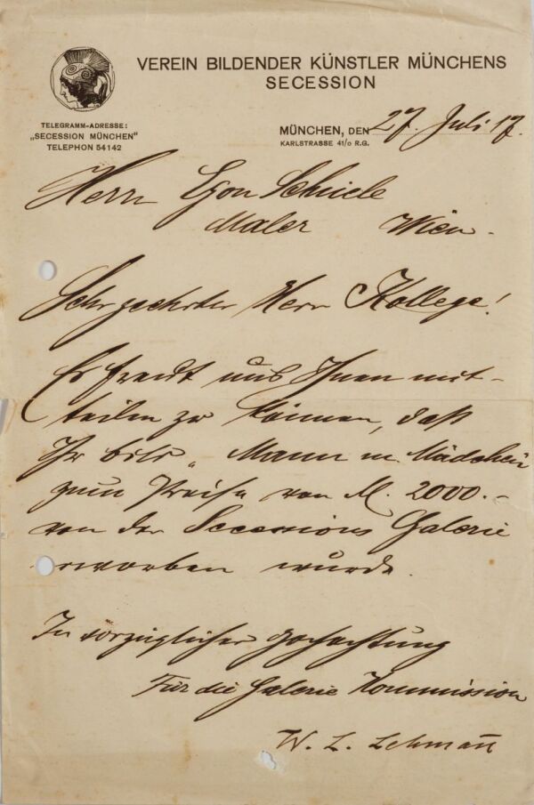 Brief von Wilhelm Ludwig Lehmann/Münchener Secession an Egon Schiele 