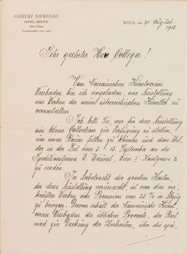 Brief von Egon Schiele und der Kunsthandlung Gustav Nebehay, Sekretariat, an Paris Gütersloh 