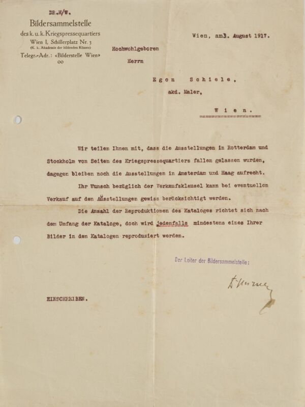 Brief vom Leiter der Bildersammelstelle des k. u. k. Kriegspressequartiers Wien Akademie der bildenden Künste an Egon Schiele Bild 2