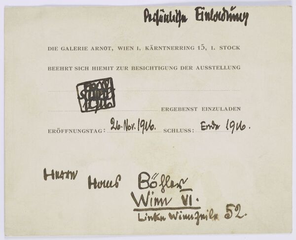 Brief von Egon Schiele an Hans Böhler: persönliche Einladung zur Ausstellungseröffnung in der Galerie Arnot 