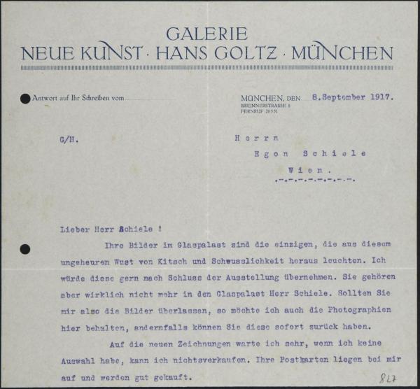 Maschinenschriftlicher Brief von Hans Goltz an Egon Schiele 