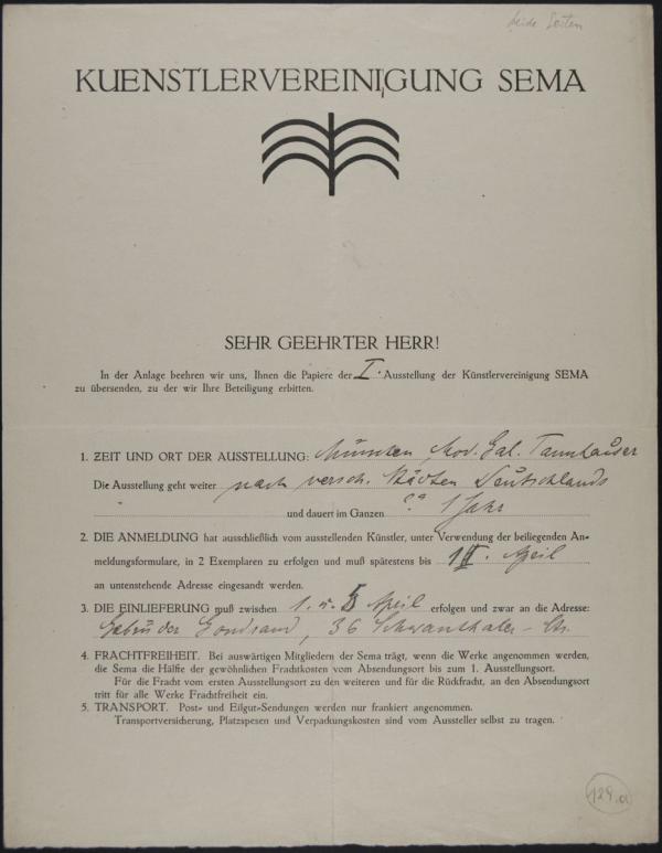 Letter/form from the Artists’ Association Sema to Egon Schiele, including a contract for the 1st exhibition at Galerie Thannhauser 