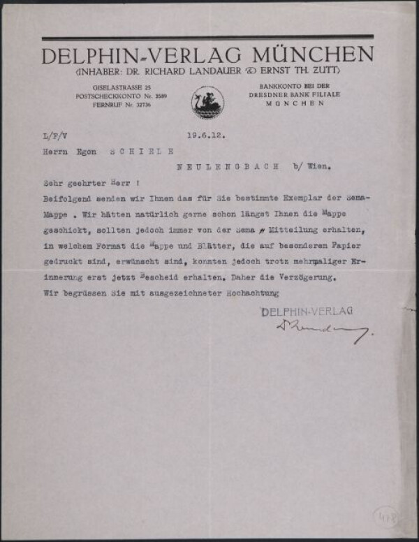 Typewritten letter from Richard Landauer/Delphin-Verlag to Egon Schiele Bild 1