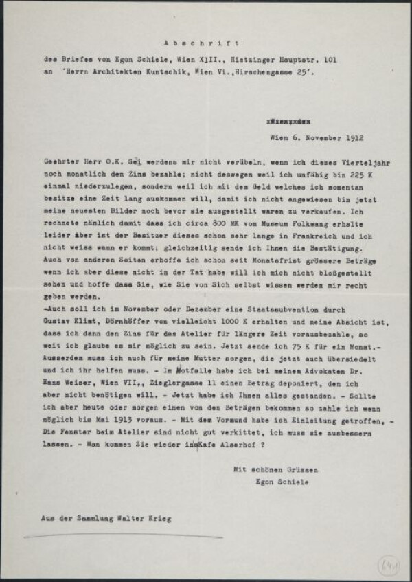 Brief von Egon Schiele an Moritz Otto Kuntschik 