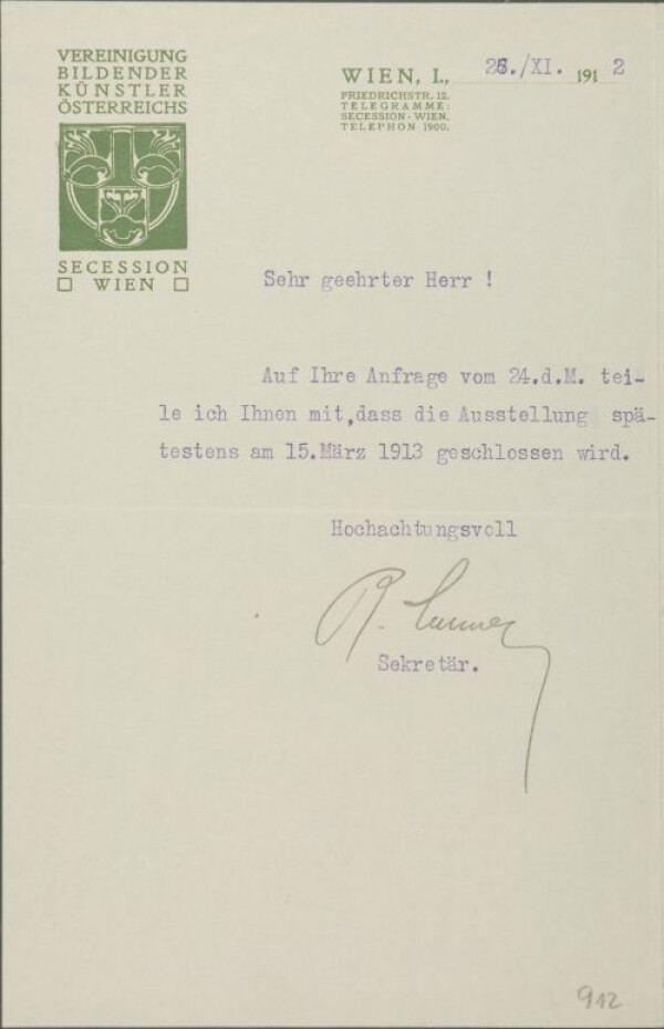 Letter from Rudolf Lechner/Vienna Secession to Egon Schiele 