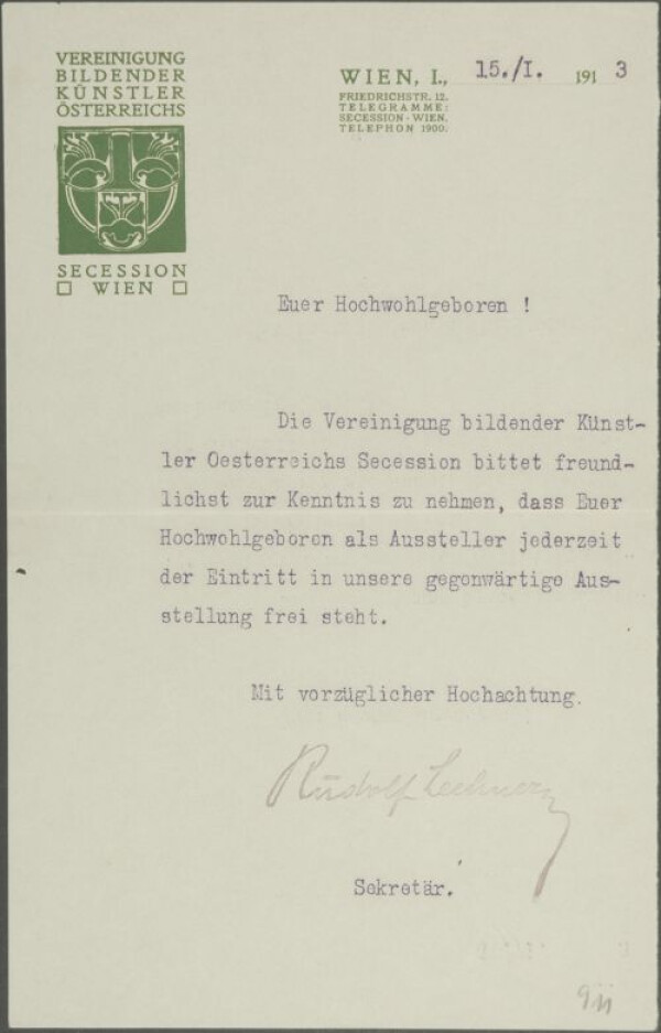 Typewritten letter from Rudolf Lechner/Vienna Secession to Egon Schiele 