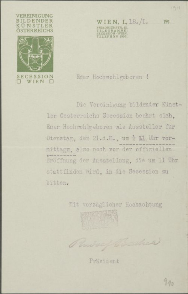 Typewritten letter from Rudolf Bacher/Vienna Secession to Egon Schiele 