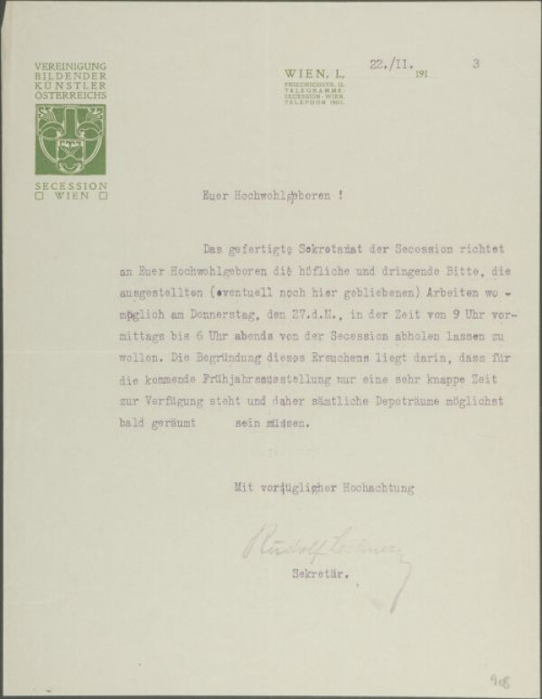 Typewritten letter from Rudolf Lechner/Vienna Secession to Egon Schiele 