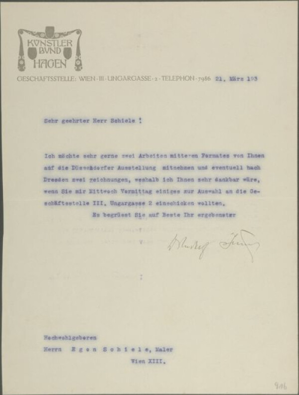 Maschinenschriftlicher Brief vom Hagenbund an Egon Schiele 