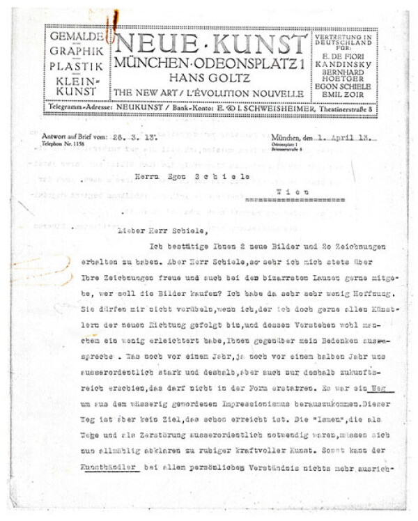 Maschinenschriftlicher Brief von Hans Goltz an Egon Schiele 