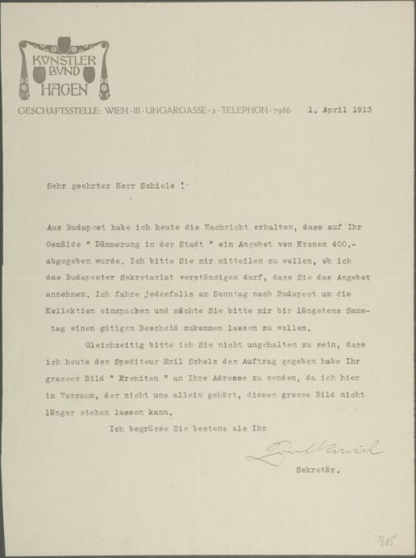 Maschinenschriftlicher Brief von Josef Krzicek/Hagenbund an Egon Schiele 