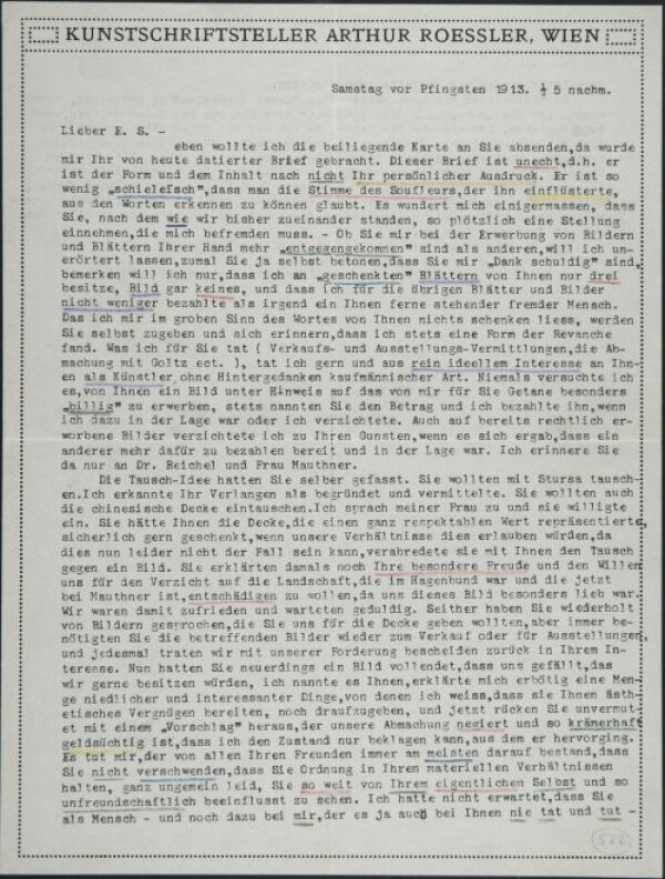 Maschinenschriftlicher Brief von Arthur Roessler an Egon Schiele 