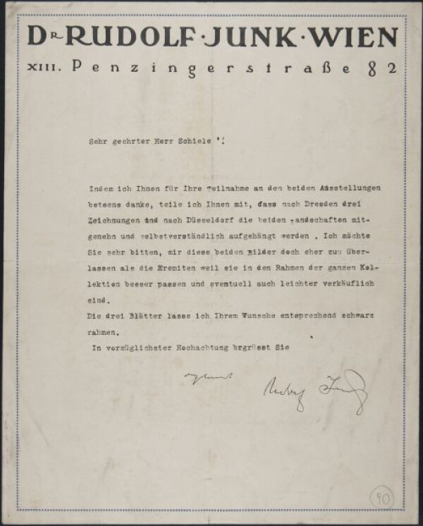 Maschinenschriftlicher Brief von Rudolf Junk an Egon Schiele 