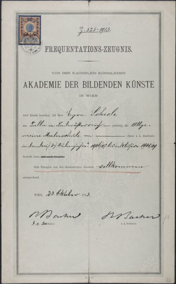 Certificate of attendance for Egon Schiele at the Vienna Academy of Fine Arts, academic years 1906–1909 