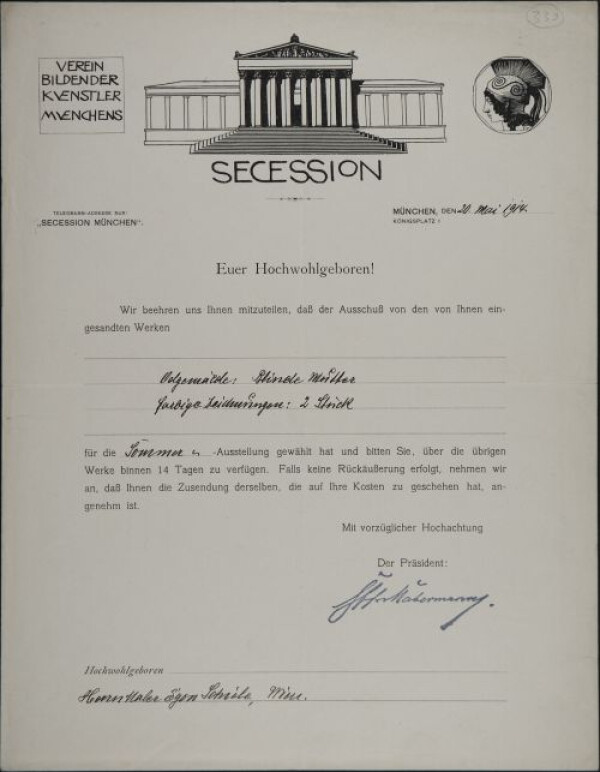 Brief der Münchener Secession an Egon Schiele 