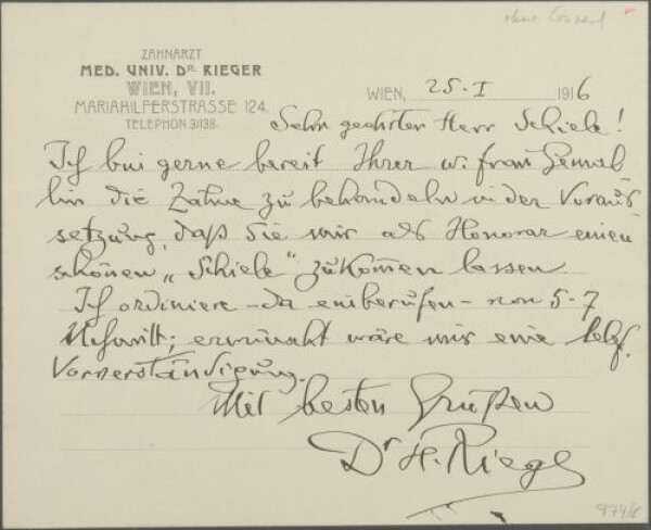 Brief von Heinrich Rieger an Egon Schiele 