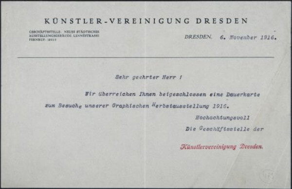 Maschinenschriftlicher Brief der Künstlervereinigung Dresden an Egon Schiele 