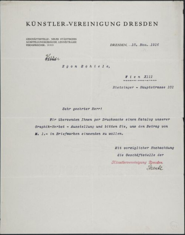 Maschinenschriftlicher Brief von Herrn Straube/Künstlervereinigung Dresden an Egon Schiele 