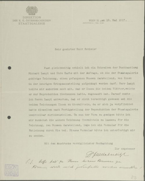 Brief von Franz Martin Haberditzl an Egon Schiele 