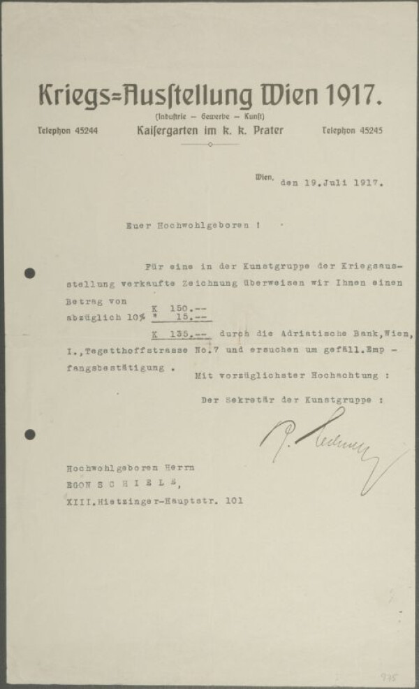 Brief von Rudolf Lechner/Kriegsausstellung 1917 an Egon Schiele 