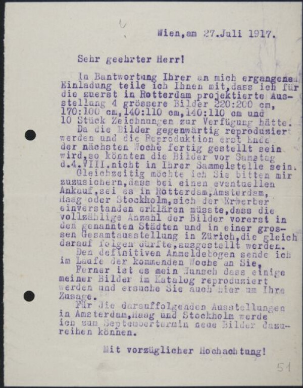 Brief von Egon Schiele an die Bildersammelstelle des k. u. k. Kriegspressequartiers Wien 