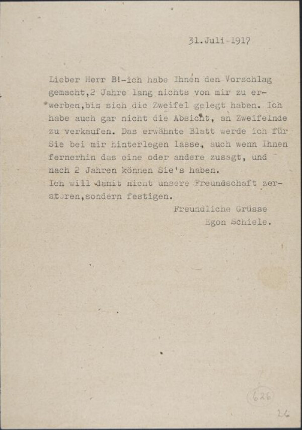 Brief von Egon Schiele an Heinrich Benesch 