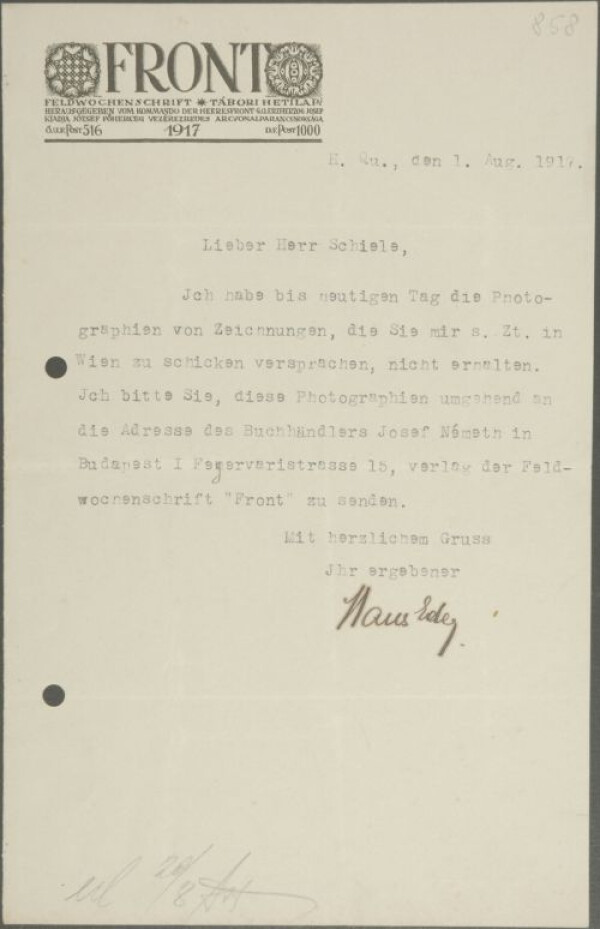 Maschinenschriftlicher Brief von Hans Eder/Feldwochenschrift „Front“ an Egon Schiele 