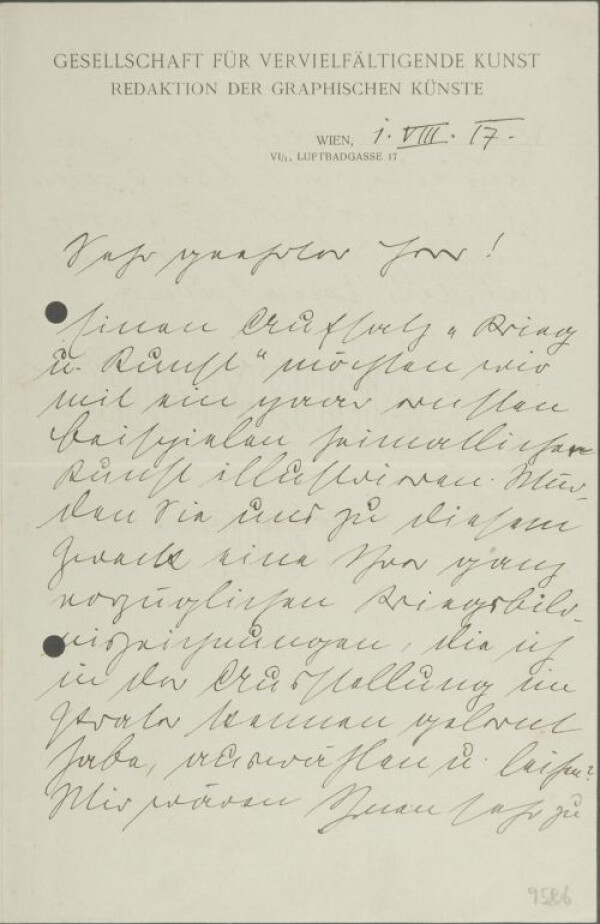 Brief von Arpad Weixlgärtner/Gesellschaft für vervielfältigende Kunst an Egon Schiele 