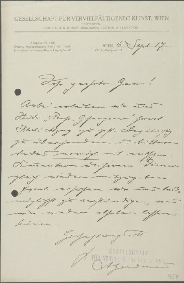 Brief von Artur Gradmann/Gesellschaft für vervielfältigende Kunst an Egon Schiele 