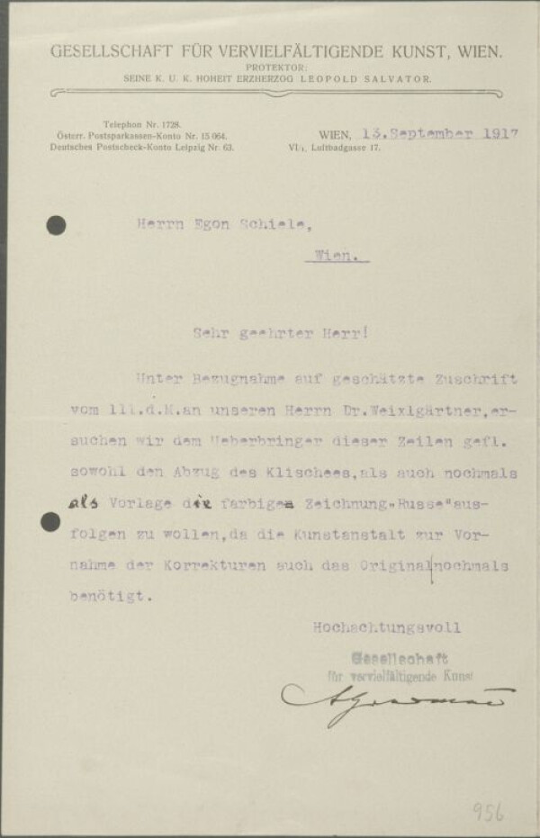 Maschinenschriftlicher Brief von Artur Gradmann/Gesellschaft für vervielfältigende Kunst an Egon Schiele 