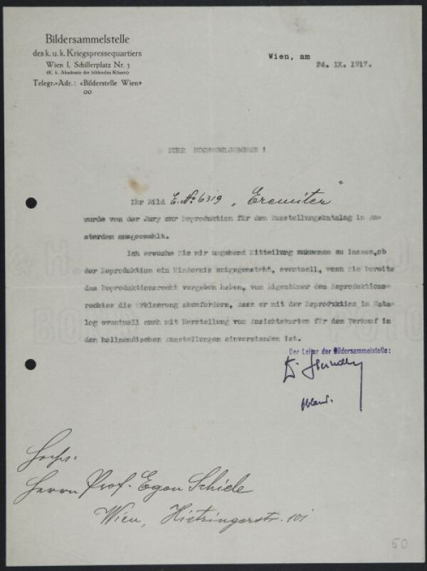 Maschinenschriftlicher Brief/Formular der Bildersammelstelle des k. u. k. Kriegspressequartiers Wien für Egon Schiele 