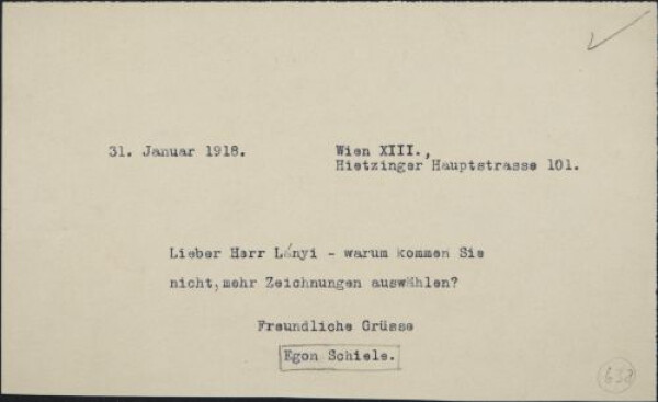 Brief von Egon Schiele an Richard Lányi 