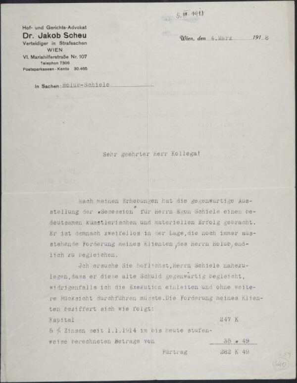 Maschinenschriftlicher Brief von Jakob Scheu an Alfred Spitzer 