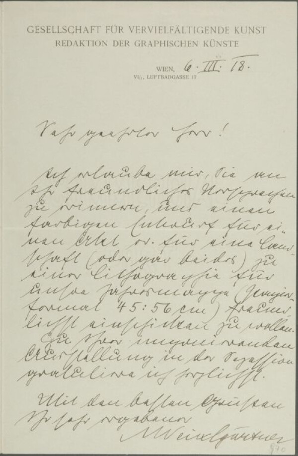 Brief von Arpad Weixlgärtner/Gesellschaft für vervielfältigende Kunst an Egon Schiele 