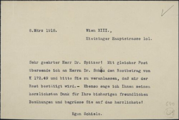 Brief von Egon Schiele an Alfred Spitzer 