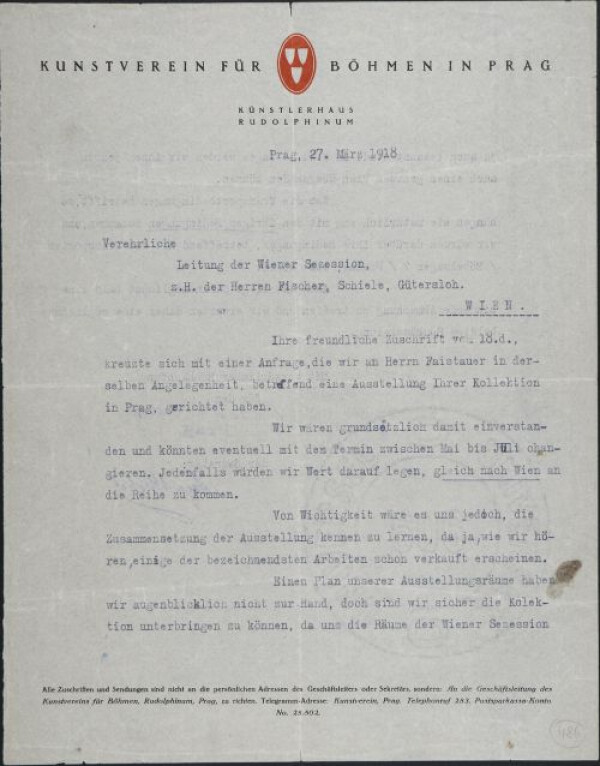 Maschinenschriftlicher Brief vom Kunstverein für Böhmen in Prag/Künstlerhaus Rudolphinum an die Neue Secession Wien zu Handen von Schiele, Gütersloh und Fischer 