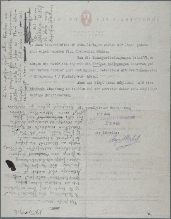 Maschinenschriftlicher Brief vom Kunstverein für Böhmen in Prag/Künstlerhaus Rudolphinum an die Neue Secession Wien zu Handen von Schiele, Gütersloh und Fischer Bild 2