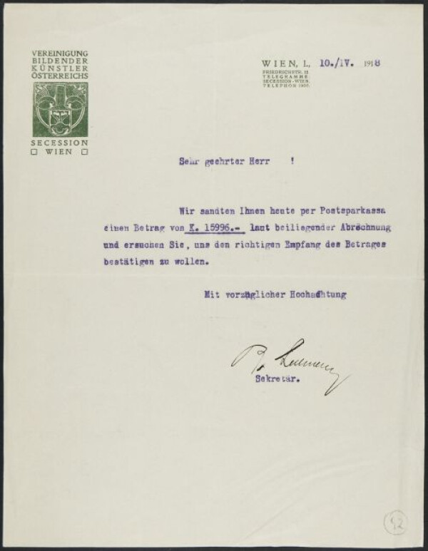 Maschinenschriftlicher Brief von Rudolf Lechner/Wiener Secession inkl. Abrechnung an Egon Schiele 