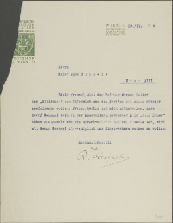 Maschinenschriftlicher Brief der Wiener Secession an Egon Schiele 