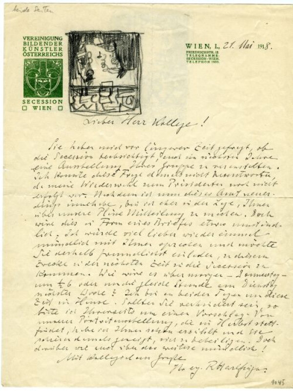 Brief von Richard Harlfinger/Wiener Secession an Egon Schiele, mit eigenhändigen Entwürfen von Schiele 