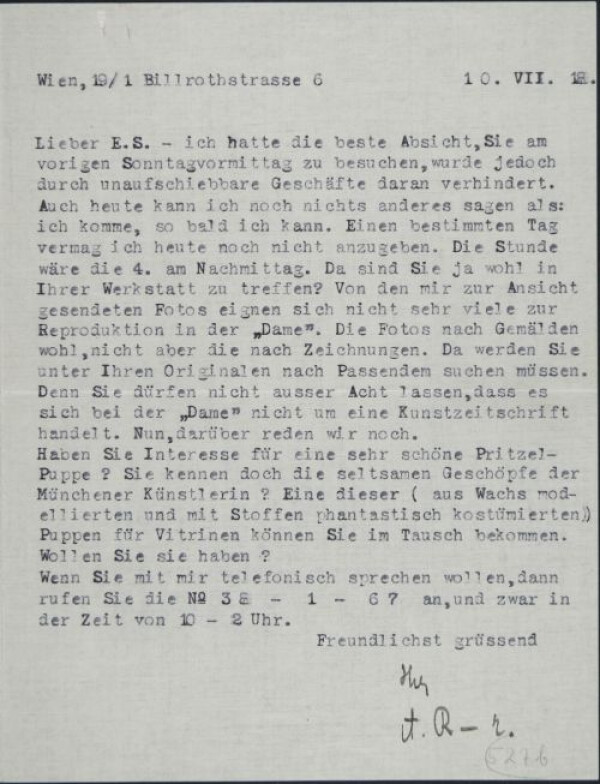 Maschinenschriftlicher Brief von Arthur Roessler an Egon Schiele 